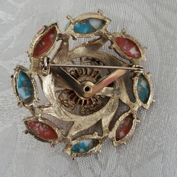 Vintage Gold colored  Floral Brooch with Turquoise and Coral Accents - Picture 3 of 4